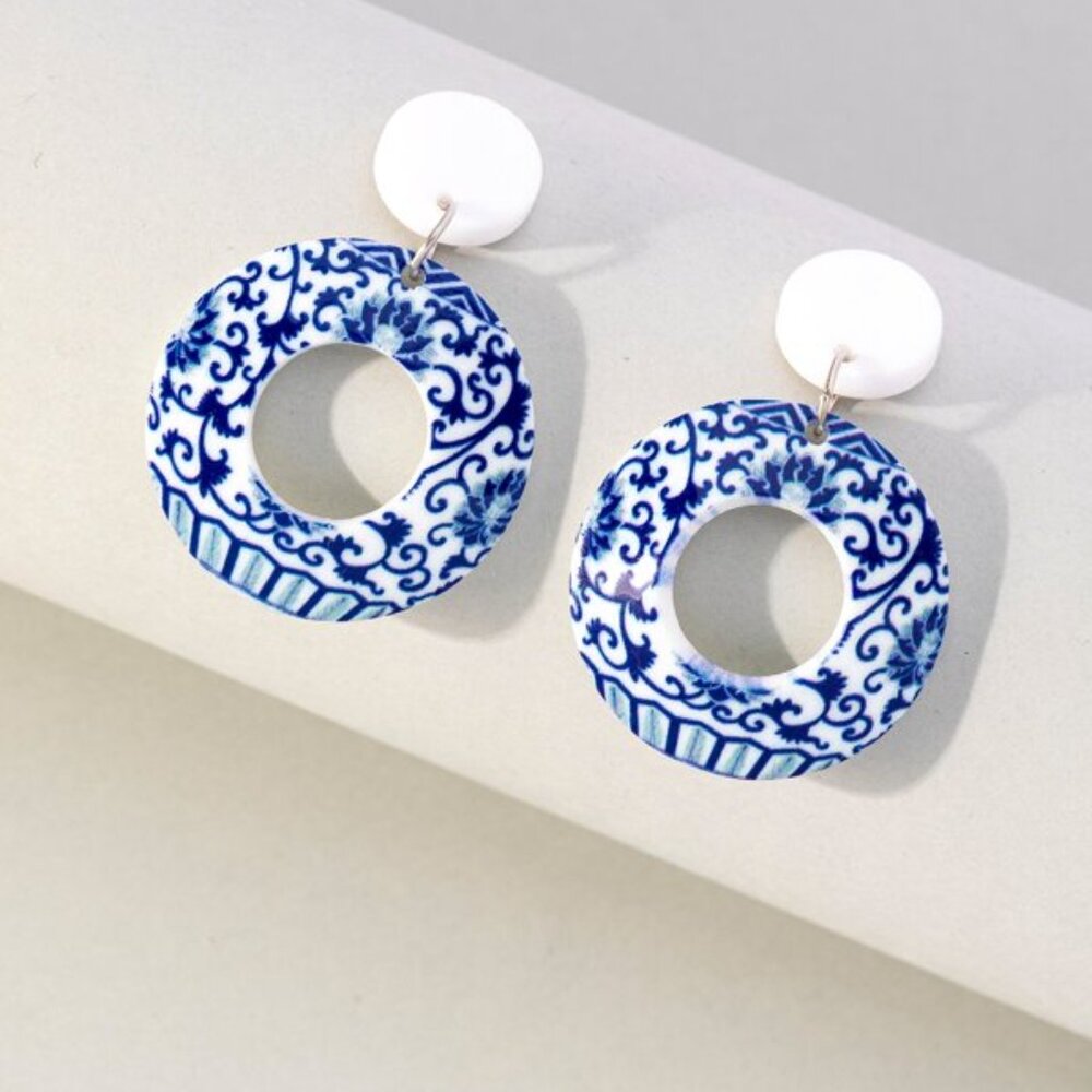Blue Posy Hoop Earrings Dangle Boho China Print, White Base